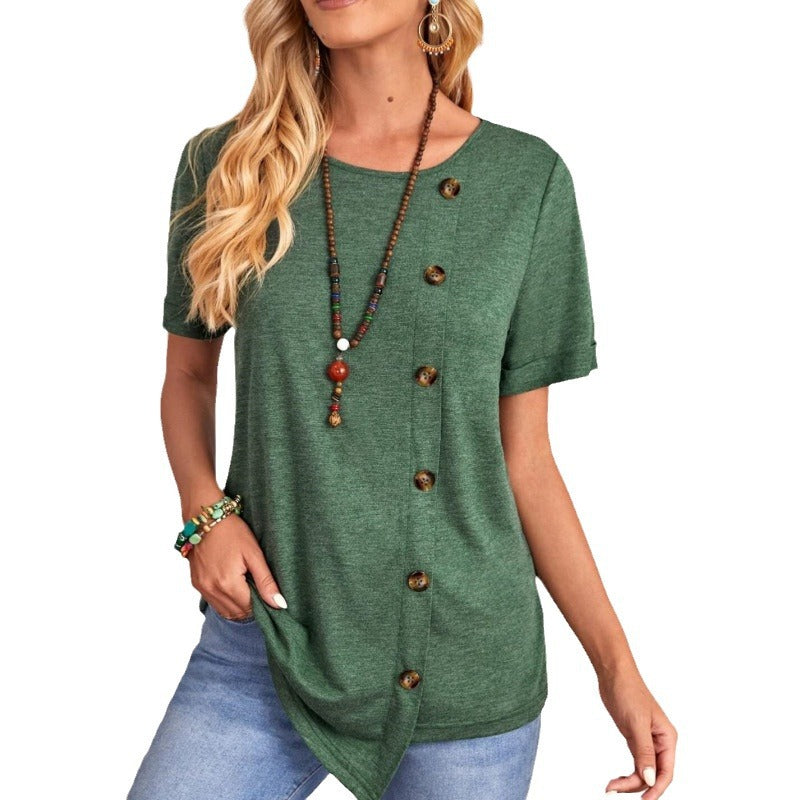 Round Neck Button Irregular Hem Short Sleeve T-shirt