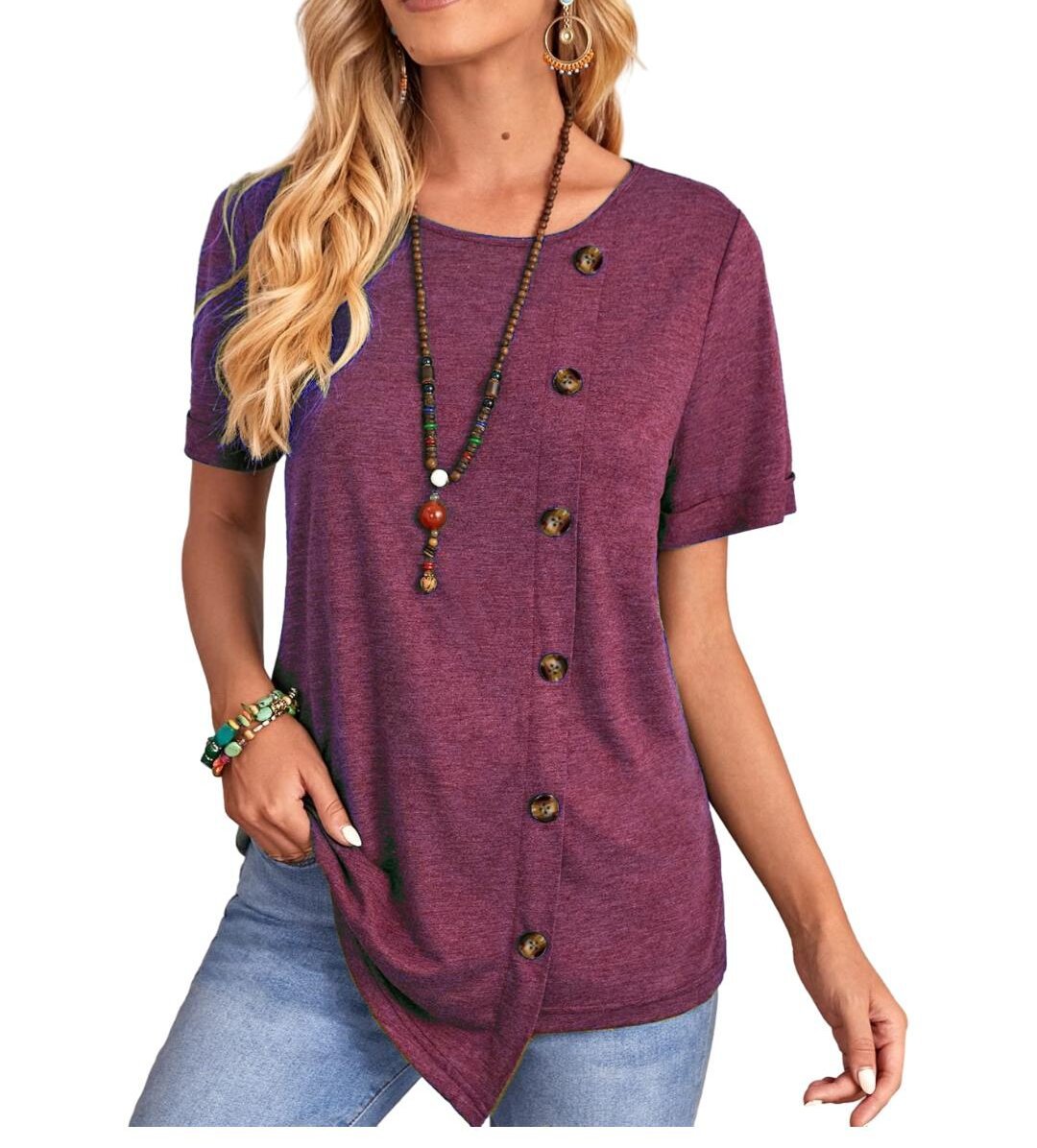 Round Neck Button Irregular Hem Short Sleeve T-shirt