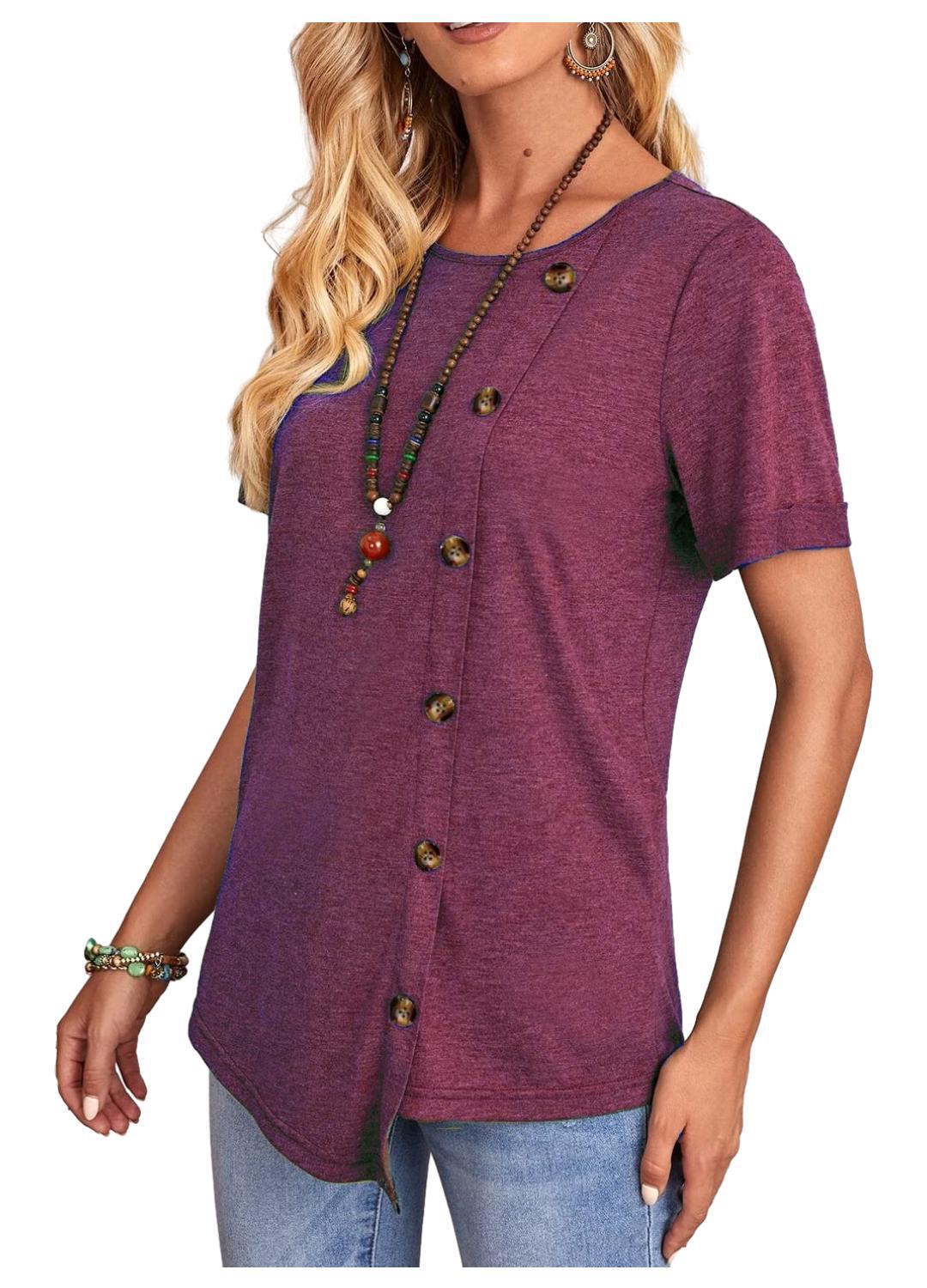 Round Neck Button Irregular Hem Short Sleeve T-shirt