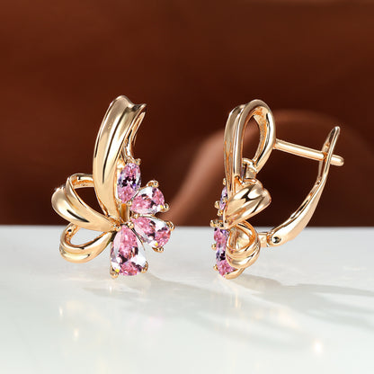 New Champagne Gold Colorful AB Diamond Flower Purple Earrings Female Fashion