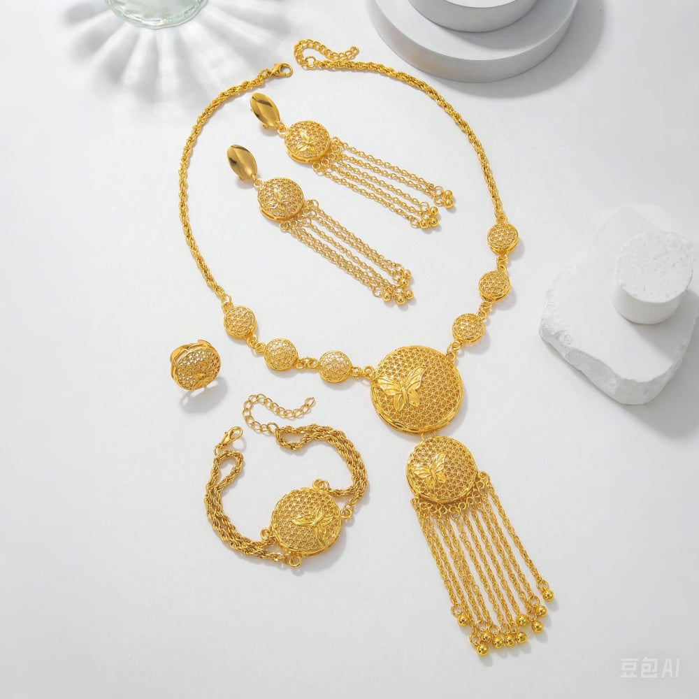 1 Set Of Fashionable And Gorgeous Butterfly Middle East Set, Wedding Decoration Necklace, Earrings, Bracelets, Ring Set For Women