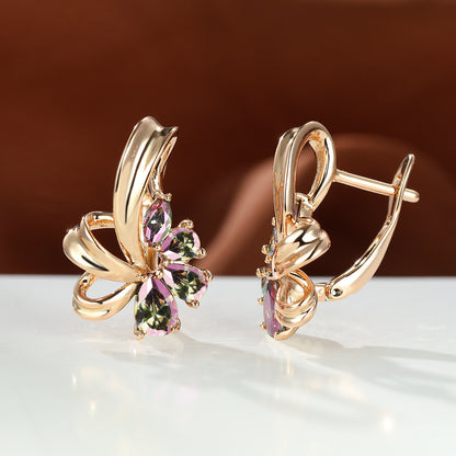 New Champagne Gold Colorful AB Diamond Flower Purple Earrings Female Fashion