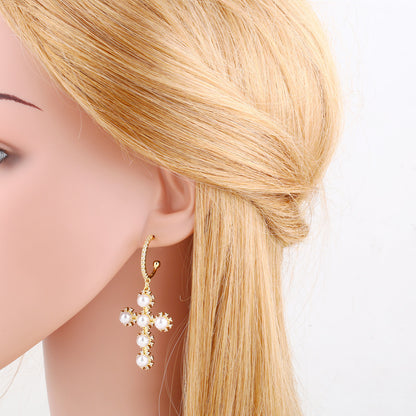 Pearl Geometric Circle Ear Clip Cross Eardrops