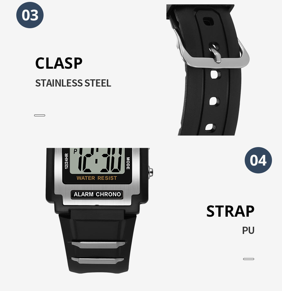 Men's Retro Rectangular Sports Waterproof Luminous Electronic Watch
