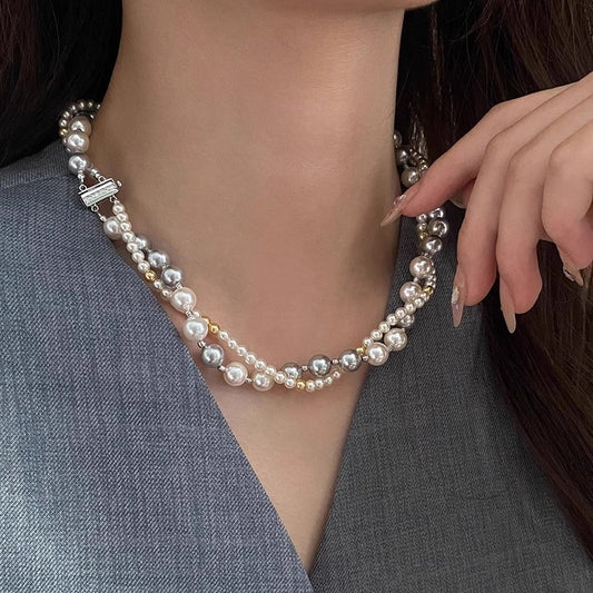 One Style For Dual-wear Double-layer Pearl Necklace Female Mixed Color