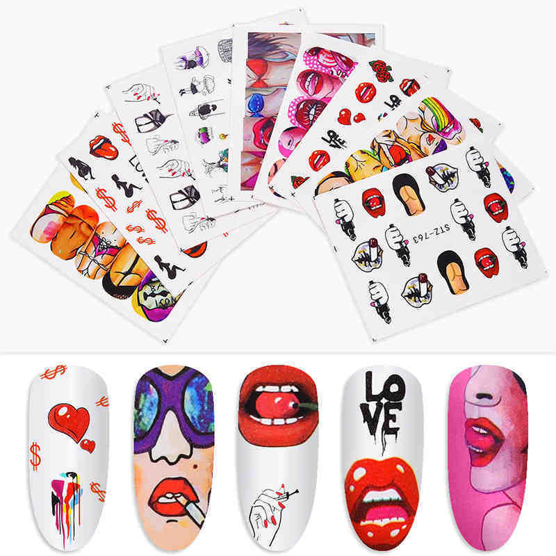 Nail Art Water Transfer Sticker Set Cool 9 Styles American Art Flower Sexy Lips