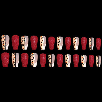 Red   Color Leopard Print Ballet False Nails