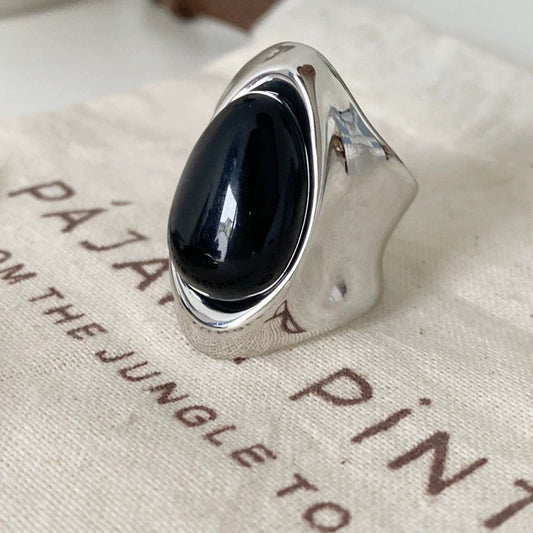 Obsidian Irregular Wide Surface Line Ring
