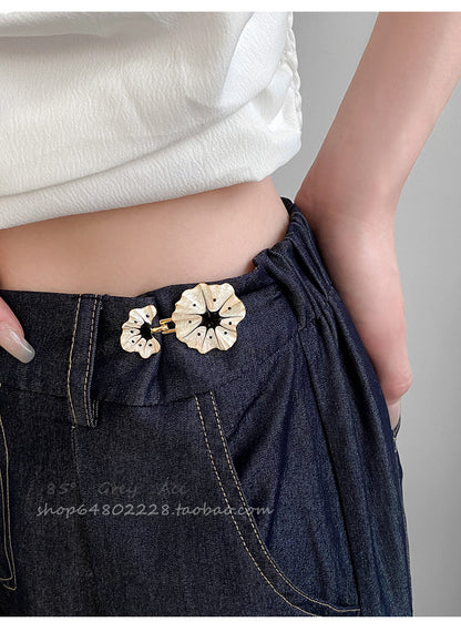 Vintage Glazed Flower Waistband Buckle Jeans With Elastic Waistband