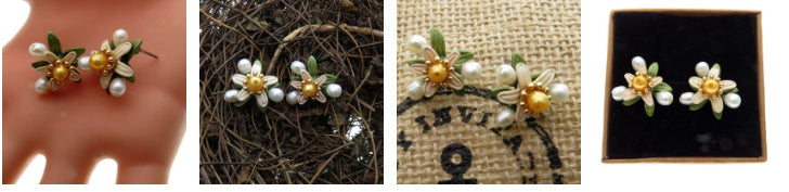 Orange Blossom Leaf Freshwater Yellow Pearl Green Lacquered Women's Retro Earrings