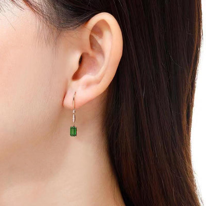 Personalized Natural Green Tourmaline Earrings Women's Gem Square Cute