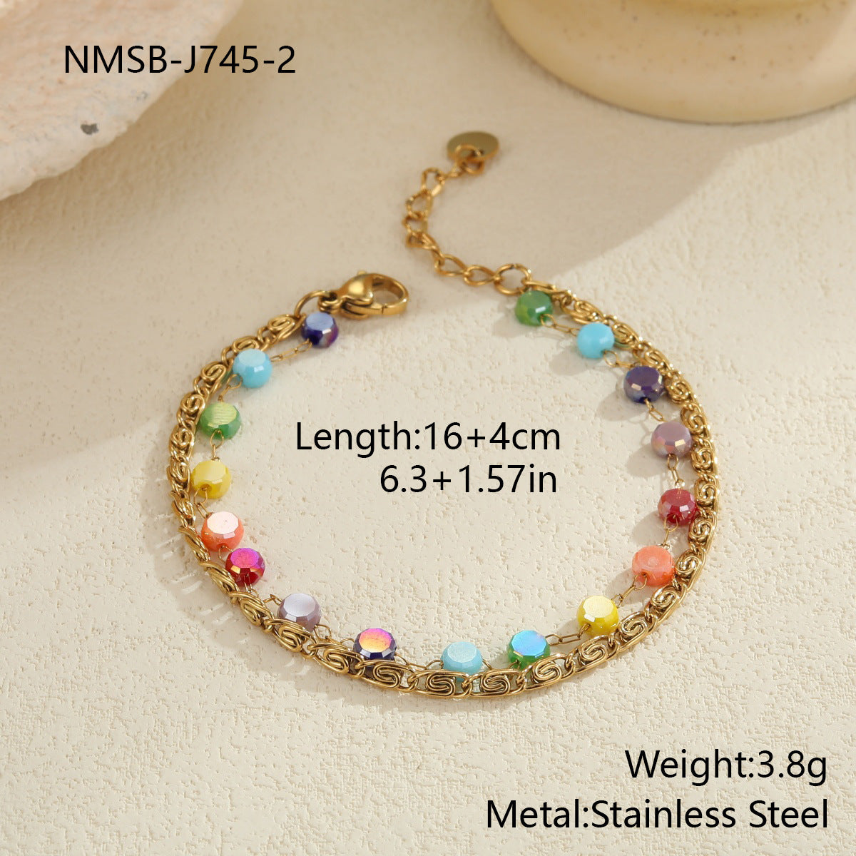 Colorful Beaded Stainless Steel Necklace Gold-plated Double Layer Twin All-match Clavicle Chain