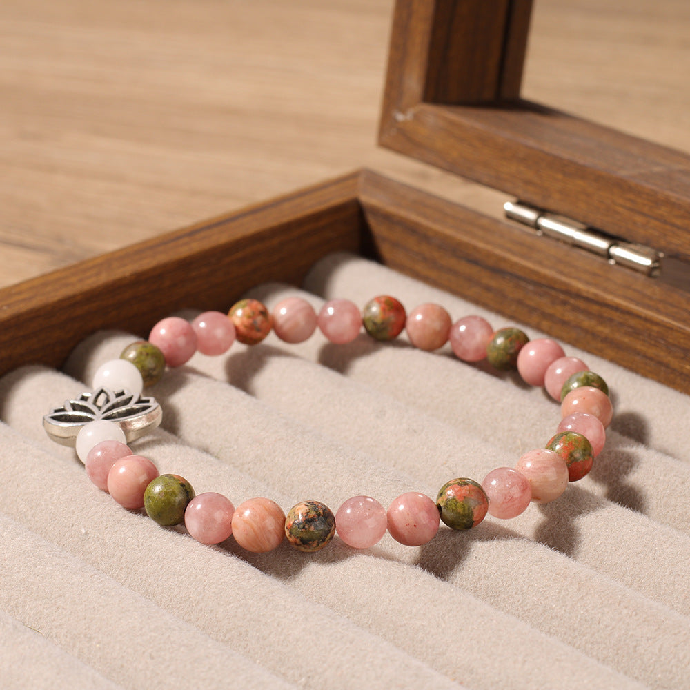 Rhodonite Crystal Bohemian Style Natural Stone Bead Seven Pulse Lotus Bracelet