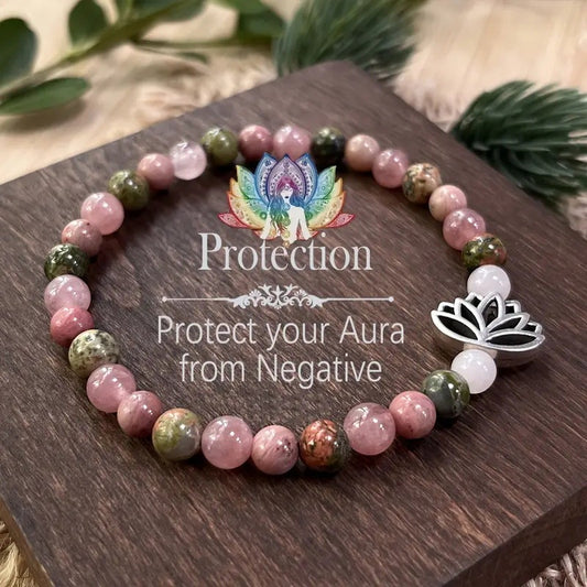 Rhodonite Crystal Bohemian Style Natural Stone Bead Seven Pulse Lotus Bracelet