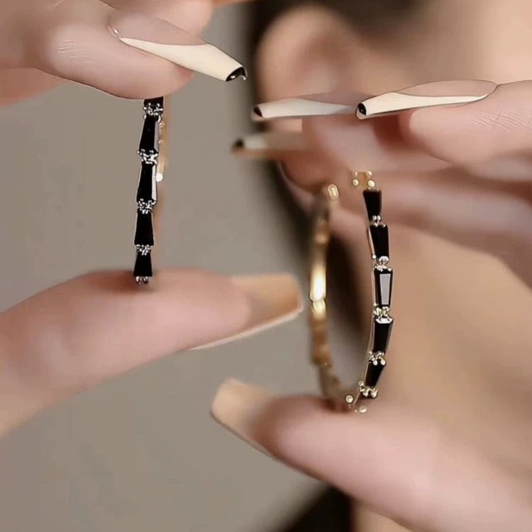 French Advanced Sense Black & Rhimestone Hoop Earrings