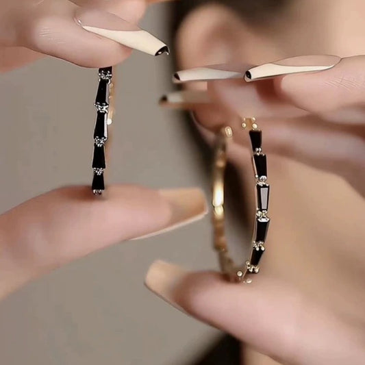 French Advanced Sense Black & Rhimestone Hoop Earrings