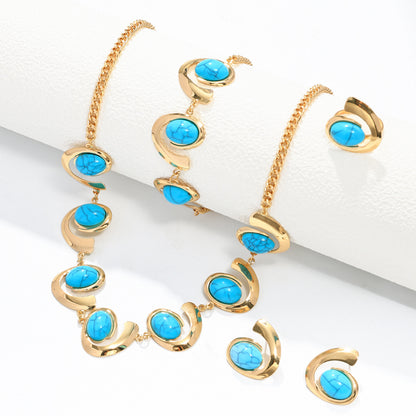 Inlaid Turquoise Spiral Earrings Necklace Bracelet Ring Set