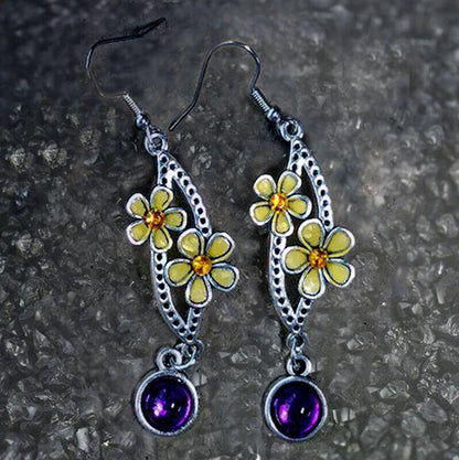 Retro Yellow Flower Purple Stone Antique Silver Orange Rhinestone Personality Swing Earrings