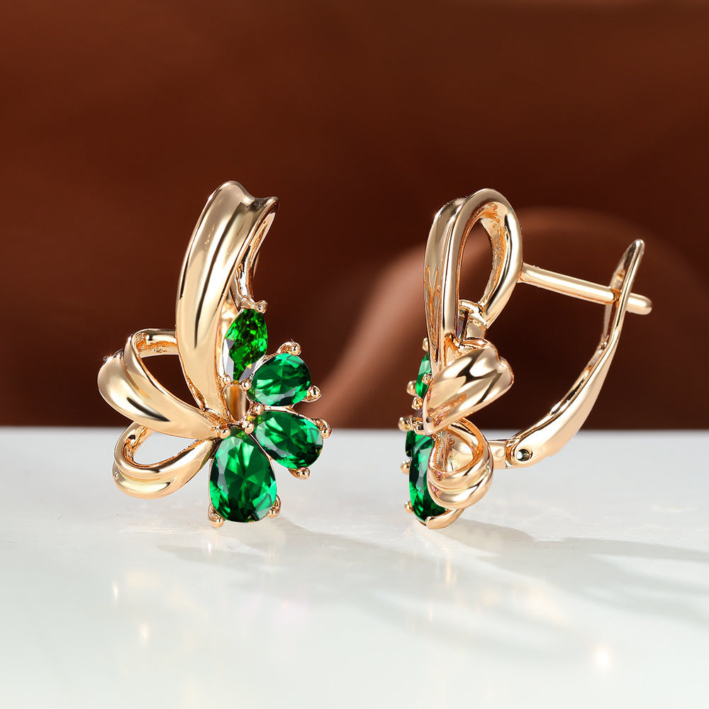 New Champagne Gold Colorful AB Diamond Flower Purple Earrings Female Fashion