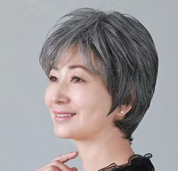 Women's Flower White Short Straight Top Old Flower White Mixed Human Hair Wigs