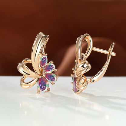 New Champagne Gold Colorful AB Diamond Flower Purple Earrings Female Fashion