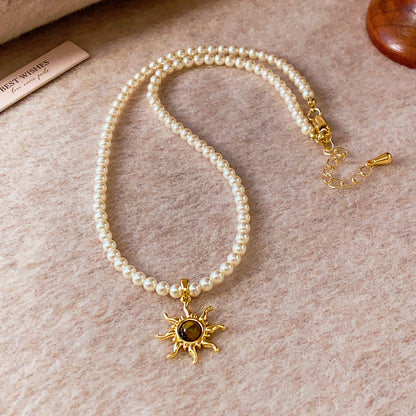 Glass Pearl Sunflower Necklace Female Temperament Light Luxury