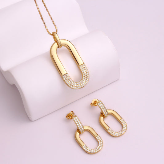 Oval Inlaid Zircon Ear Stud Necklace Female