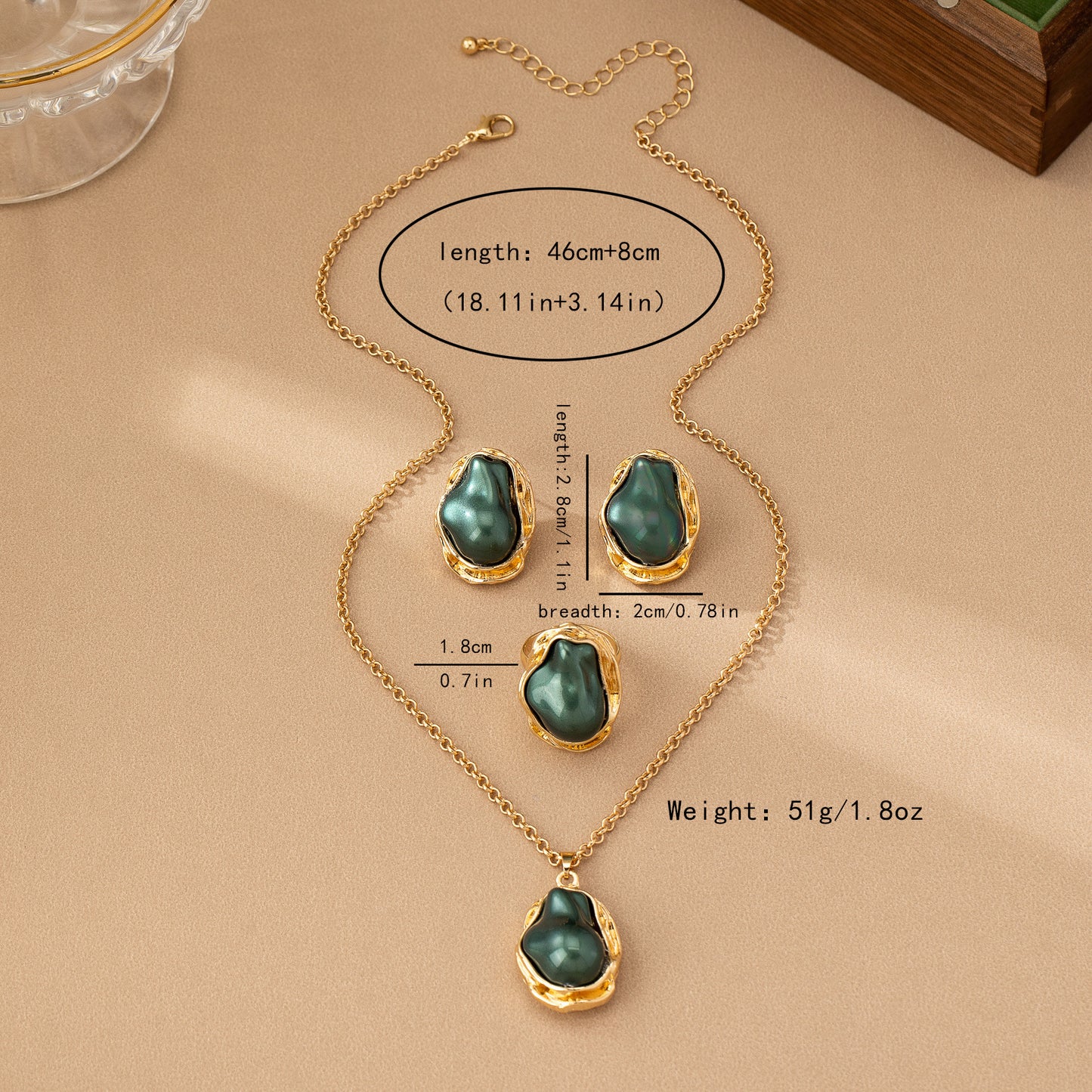 Retro Green Irregular Inlaid Imitation Pearl Necklace Ear Stud And Ring