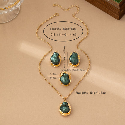 Retro Green Irregular Inlaid Imitation Pearl Necklace Ear Stud And Ring