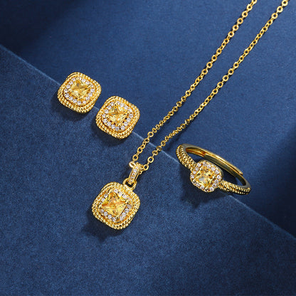 Women's Simple Small Sugar Cube Rings Ear Studs Jewelry Copper-plated Gold Jewelry Suit