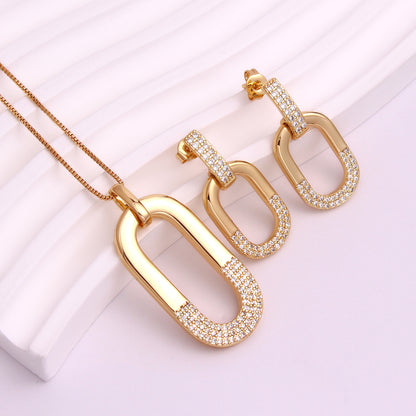 Oval Inlaid Zircon Ear Stud Necklace Female