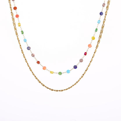 Colorful Beaded Stainless Steel Necklace Gold-plated Double Layer Twin All-match Clavicle Chain