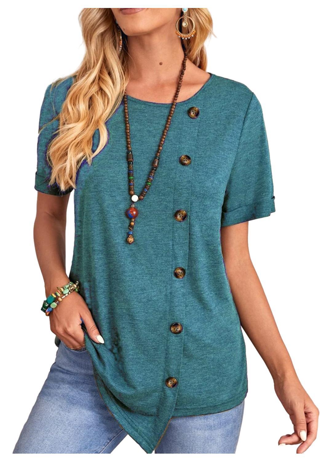 Round Neck Button Irregular Hem Short Sleeve T-shirt