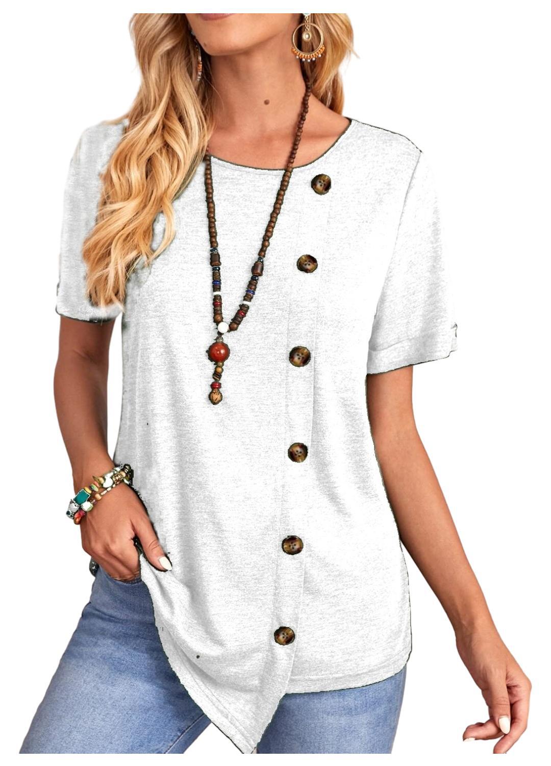 Round Neck Button Irregular Hem Short Sleeve T-shirt
