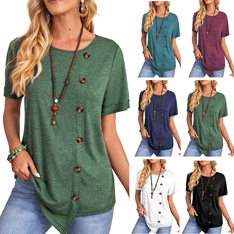 Round Neck Button Irregular Hem Short Sleeve T-shirt