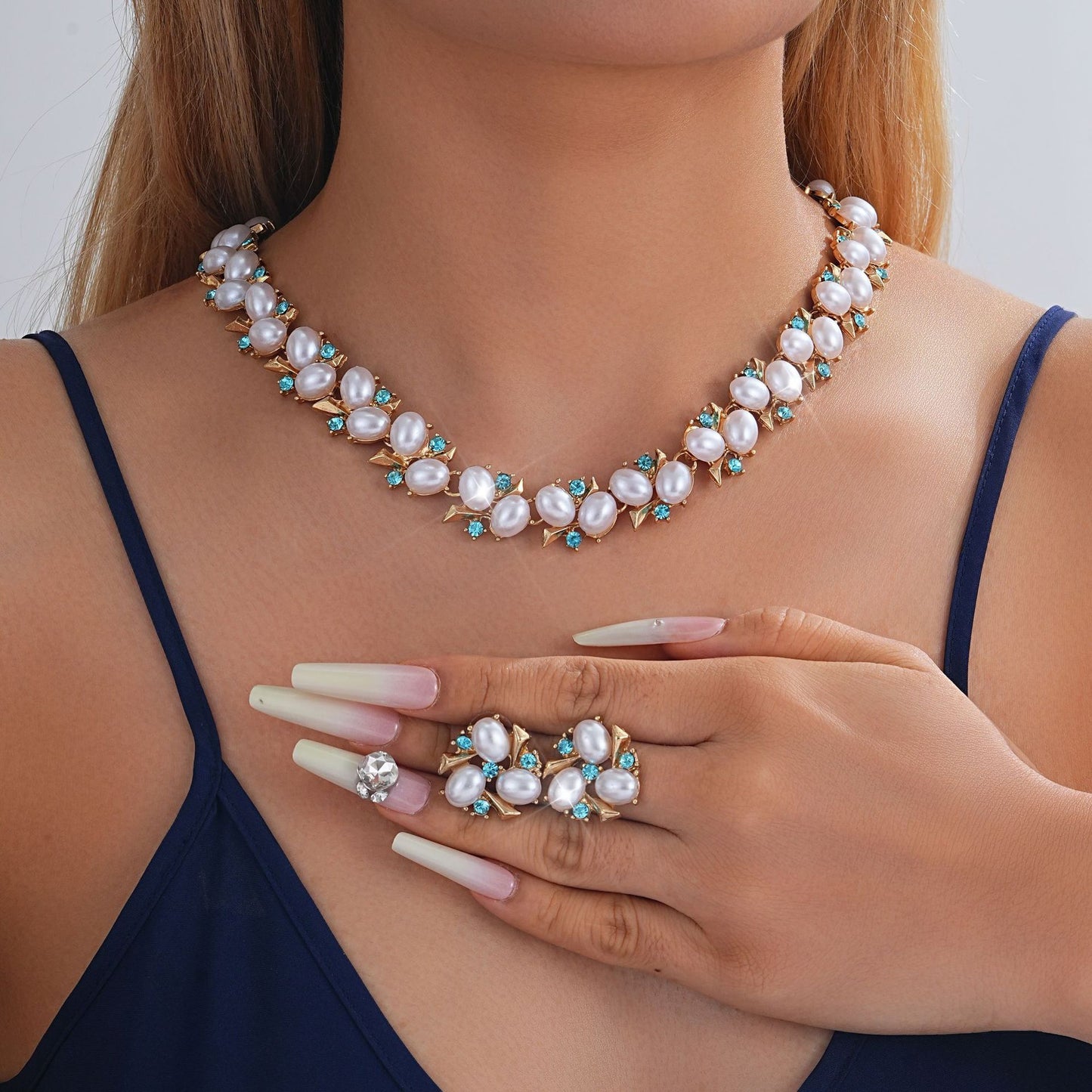 Turquoise Pearl Necklace And Earrings Suite