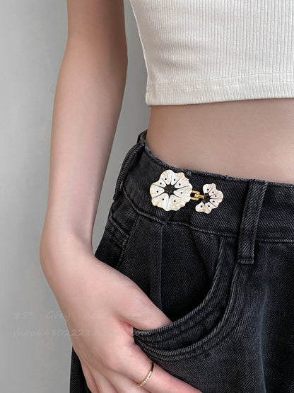 Vintage Glazed Flower Waistband Buckle Jeans With Elastic Waistband