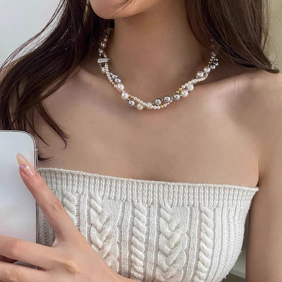 One Style For Dual-wear Double-layer Pearl Necklace Female Mixed Color