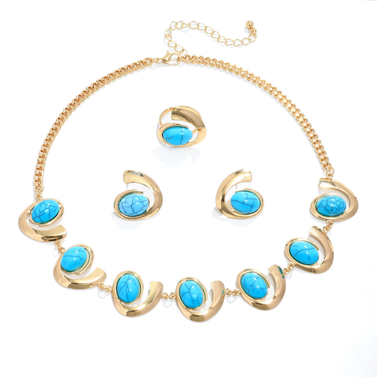 Inlaid Turquoise Spiral Earrings Necklace Bracelet Ring Set