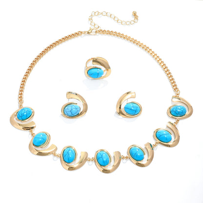 Inlaid Turquoise Spiral Earrings Necklace Bracelet Ring Set