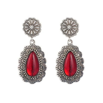 European And American Retro Bohemian Style Carved Ruby Earrings
