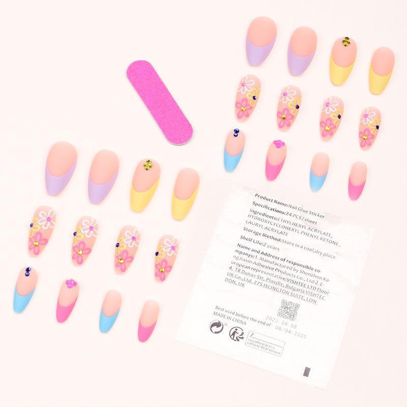 Rainbow Small Flower Wear Drop Shape Pointed Toe Nail Tip Rhinestone Wearable French