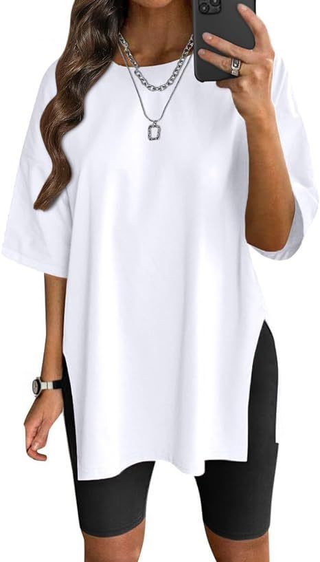 Women's Solid Color Split Short-sleeved T-shirt Round Neck Loose Top