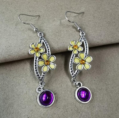 Retro Yellow Flower Purple Stone Antique Silver Orange Rhinestone Personality Swing Earrings