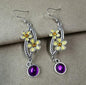 Retro Yellow Flower Purple Stone Antique Silver Orange Rhinestone Personality Swing Earrings