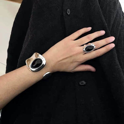 Obsidian Irregular Wide Surface Line Ring