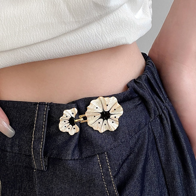 Vintage Glazed Flower Waistband Buckle Jeans With Elastic Waistband