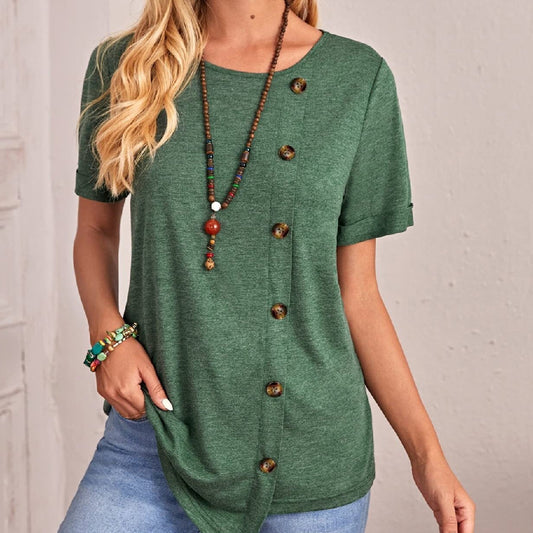 Round Neck Button Irregular Hem Short Sleeve T-shirt