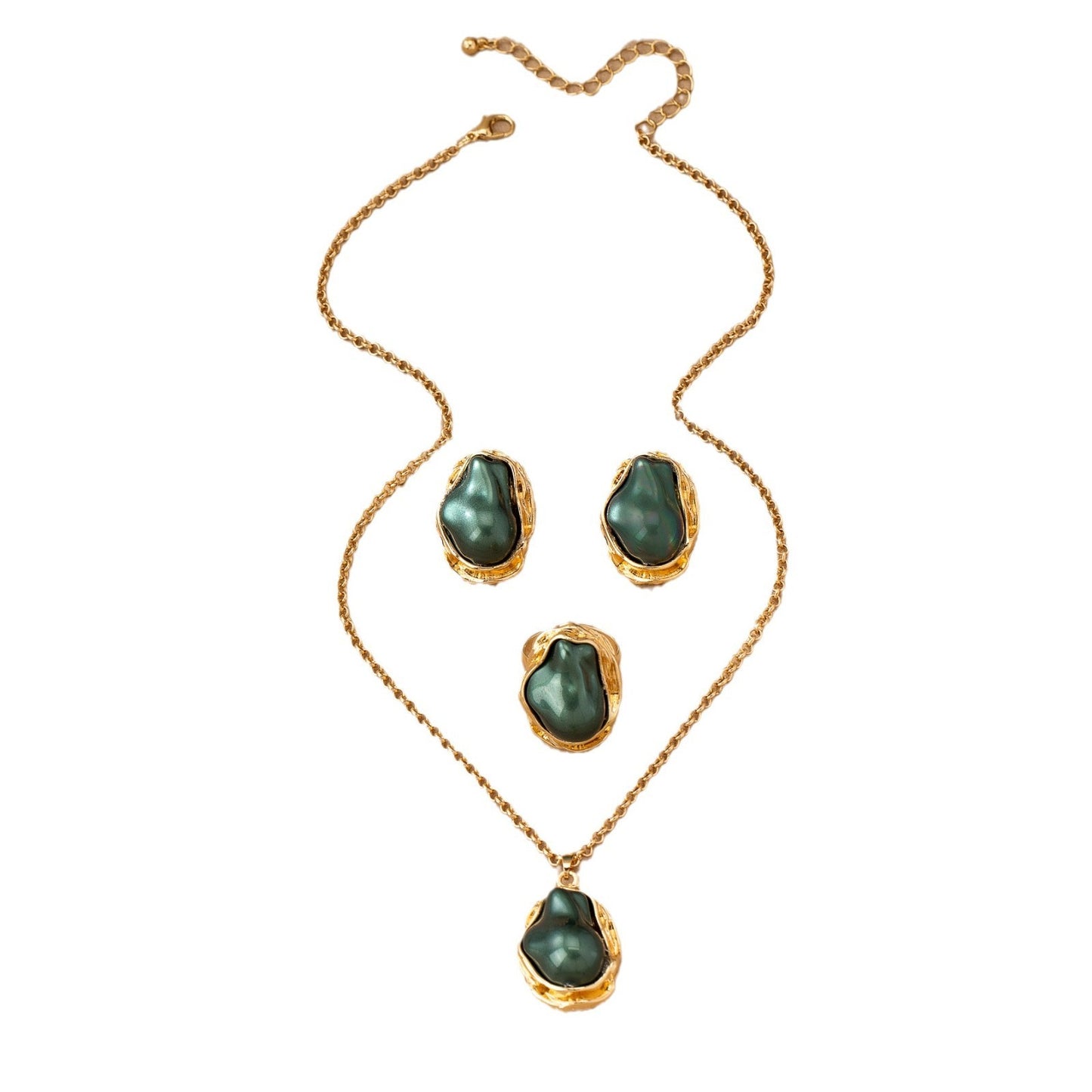 Retro Green Irregular Inlaid Imitation Pearl Necklace Ear Stud And Ring