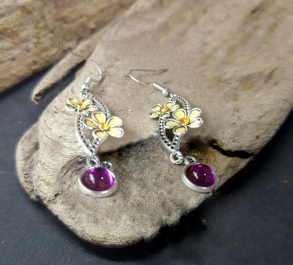 Retro Yellow Flower Purple Stone Antique Silver Orange Rhinestone Personality Swing Earrings